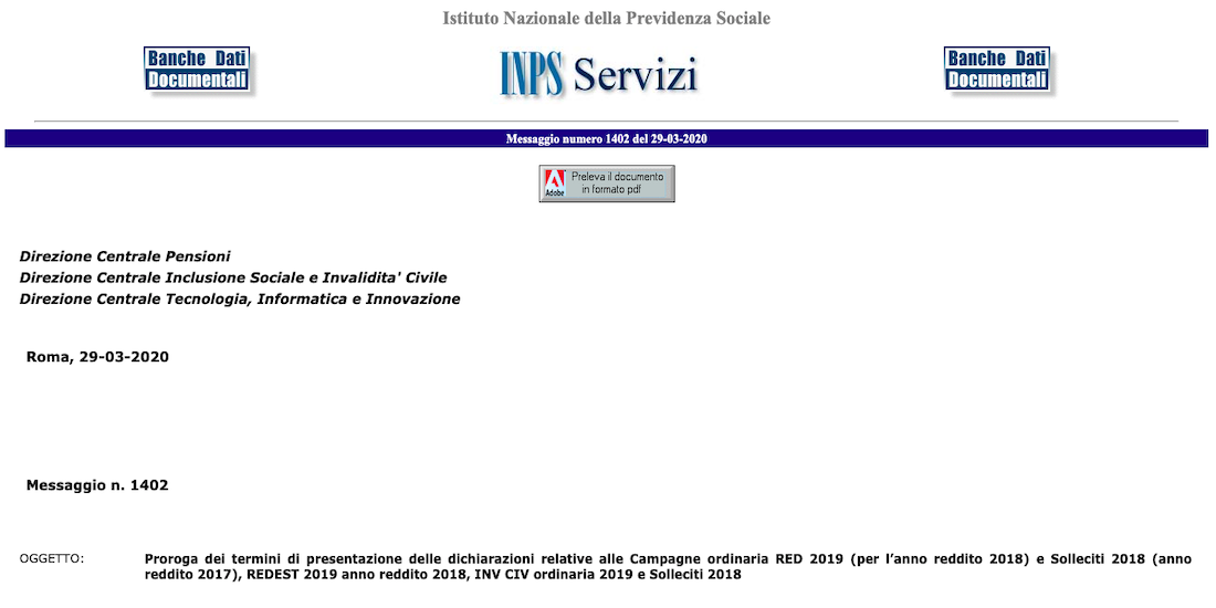 Pensioni, proroga scadenza modello RED 2020 scadenza fissata al 18