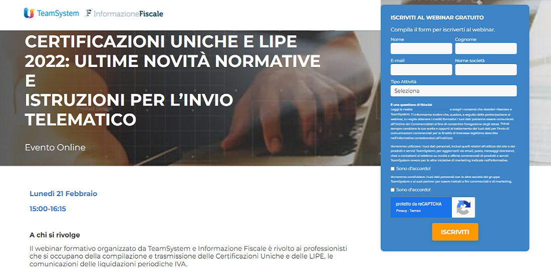 CU 2022 e LIPE istruzioni, scadenza e novità al centro del webinar del