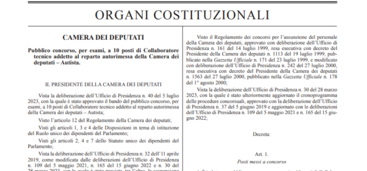 Concorso Camera dei Deputati, 16 posti come autista e interprete: domanda in scadenza il 7 agosto 2023
