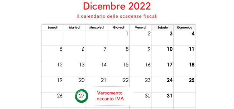 Versamento acconto IVA 2022: la scadenza del 27 dicembre