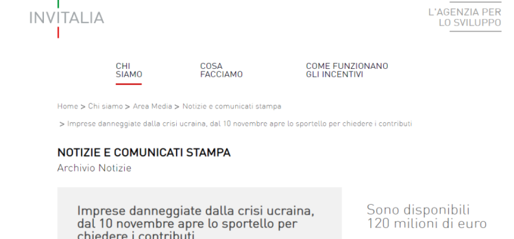 Contributi imprese danneggiate dalla crisi ucraina: domande al via da oggi, 10 novembre