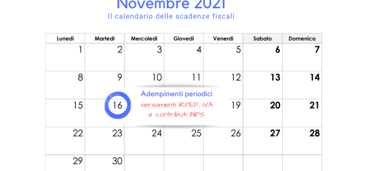 Adempimenti periodici IRPEF, IVA e INPS: la scadenza del 16 novembre 2021