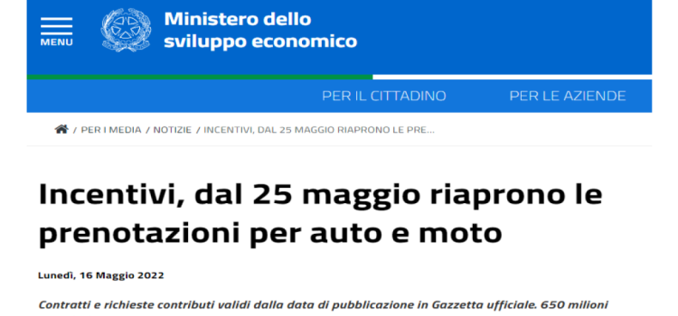 Bonus auto e moto elettriche 2022: si parte il 25 maggio