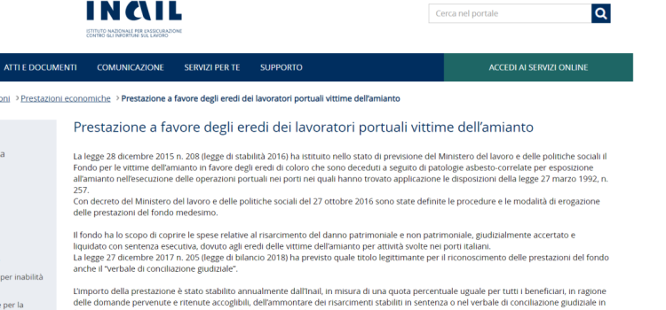 Fondo vittime amianto in operazioni portuali: la scadenza del 2 marzo 2020