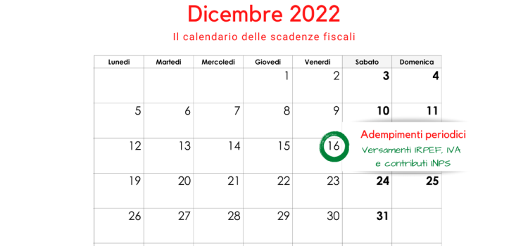 Adempimenti periodici IVA, IRPEF e INPS: la scadenza del 16 dicembre 2022