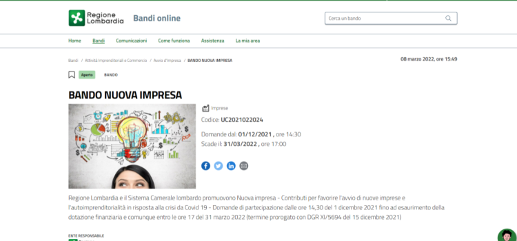 Bando Nuova Impresa, Lombardia: scadenza delle domande il 31 marzo 2022