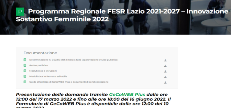 Bonus impresa donna 2022, Lazio: domande per il bando Innovazione Sostantivo Femminile al via