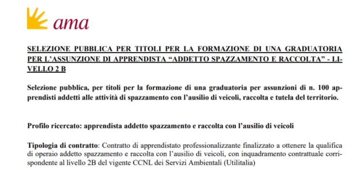 Concorso AMA 2023: domanda in scadenza il 13 luglio per 100 posti