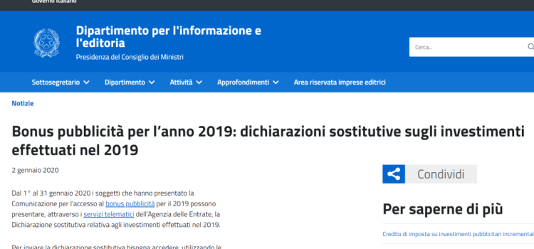 Bonus pubblicità, 31 gennaio 2020: scadenza dichiarazione sostitutiva