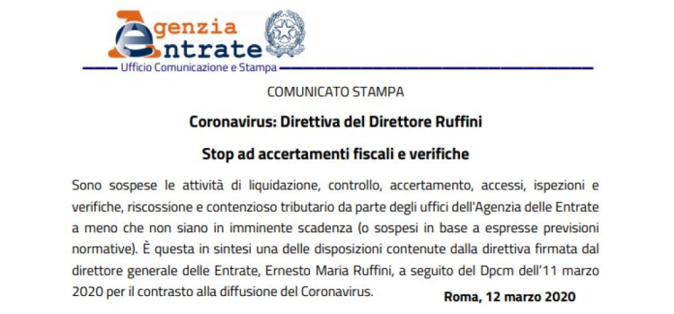 Coronavirus, sospesi controlli Agenzia delle Entrate: esclusi quelli in scadenza