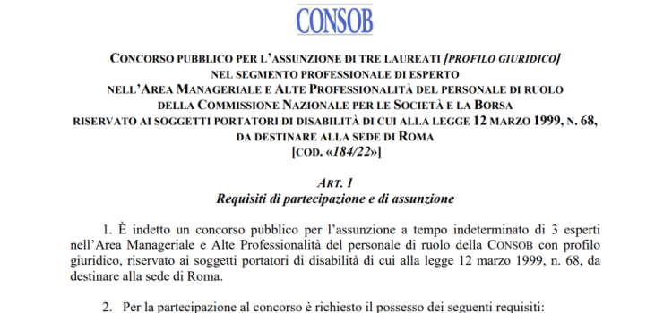 Concorso Consob 2022: 11 nuove assunzioni, domanda in scadenza il 19 maggio