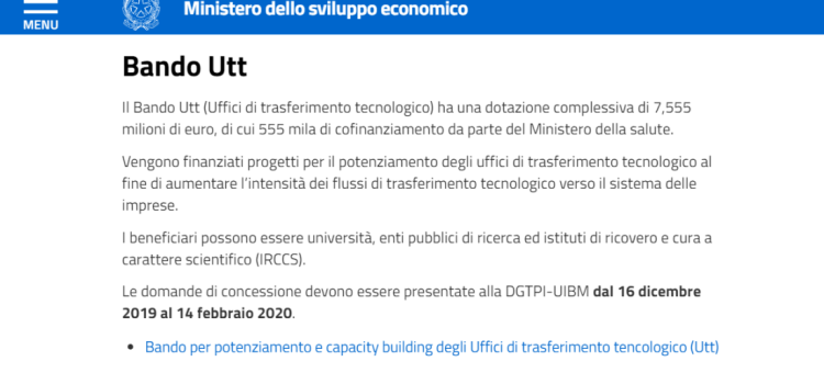 Trasferimento tecnologico, bando UIBM Mise: scadenza 14 febbraio 2020