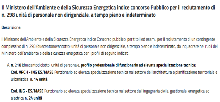Concorso MASE 2023, 298 nuove assunzioni: domanda in scadenza il 25 novembre