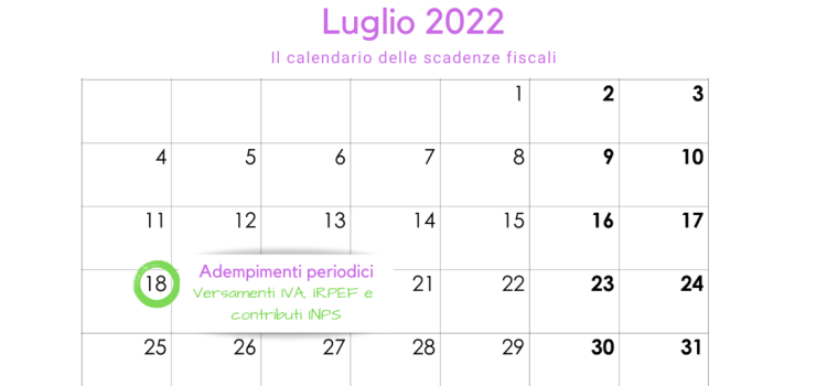 Adempimenti periodici IVA, IRPEF e INPS: la scadenza del 18 luglio 2022