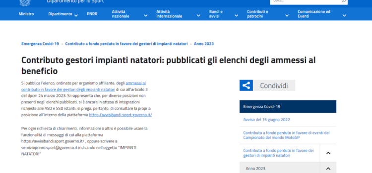 Contributi a fondo perduto per le piscine: pubblicato l'elenco dei beneficiari