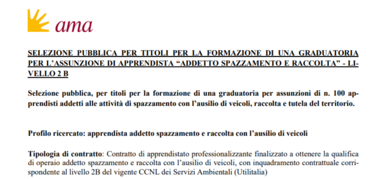 Concorso AMA, 100 apprendisti: domanda in scadenza il 16 ottobre