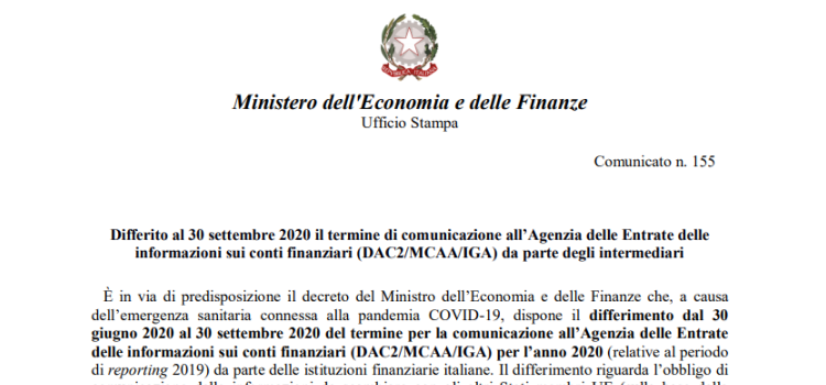 Proroga scadenza al 30 settembre: rinviata la comunicazione sui conti finanziari