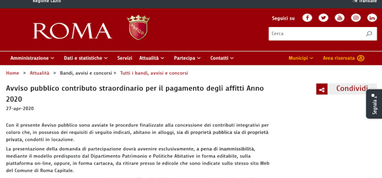 Bonus affitti 2020, emergenza Covid-2019: il bando del Comune di Roma