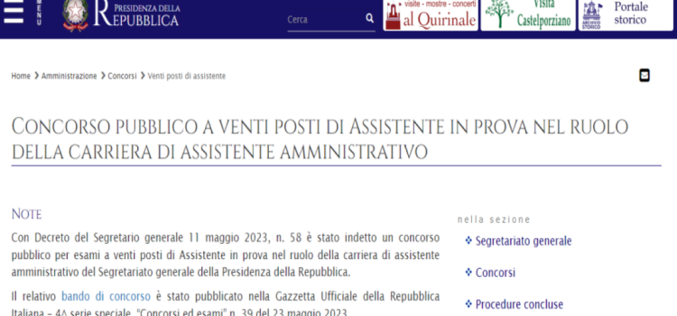 Concorso Quirinale 2023: domanda in scadenza il 22 giugno