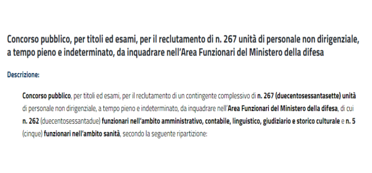 Concorso Ministero della Difesa 2024, 267 nuove assunzioni: domanda in scadenza oggi, 29 gennaio