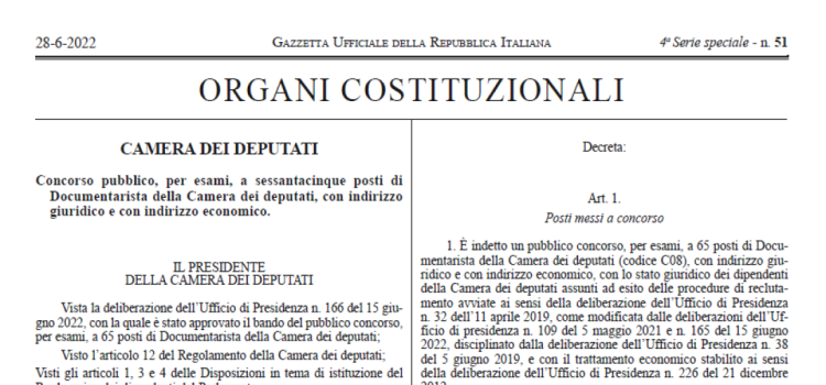 Concorso camera dei deputati 2022: 65 assunzioni, domanda in scadenza il 28 luglio