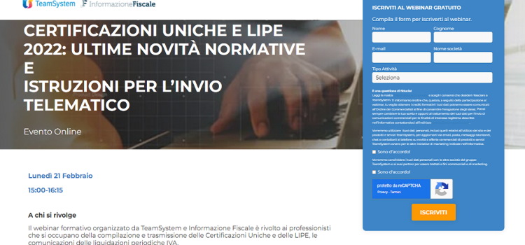 CU 2022 e LIPE: istruzioni, scadenza e novità al centro del webinar del 21 febbraio 