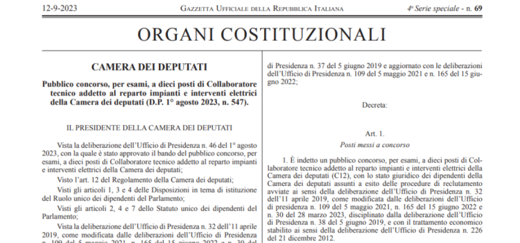 Assunzioni Camera dei Deputati, concorso in scadenza il 12 ottobre 