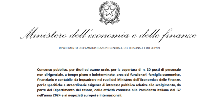 Concorso MEF, 20 assunzioni: domanda in scadenza l'11 settembre