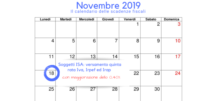 Soggetti ISA, scadenza 18 novembre 2019: quinta rata imposte sui redditi