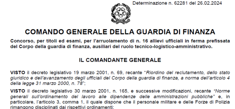 Concorso Guardia di Finanza 2024, 16 nuove assunzioni: domanda in scadenza il 27 marzo