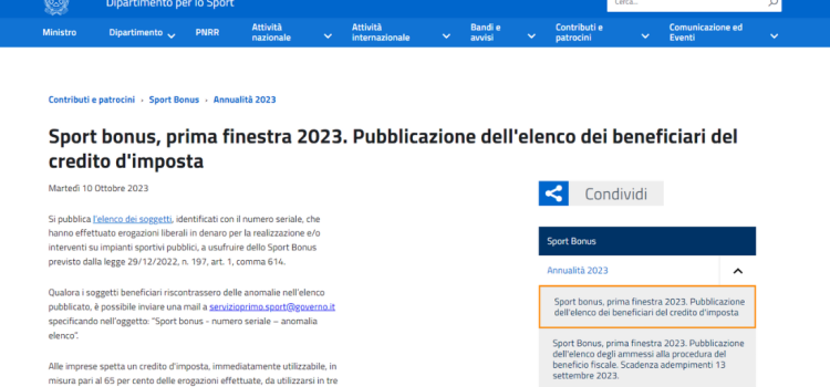Bonus sport 2023, prima finestra: pubblicato l'elenco dei beneficiari