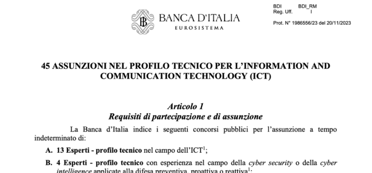 Concorso Banca d'Italia: domanda in scadenza il 28 dicembre