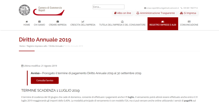 Scadenza diritto camerale Napoli 2019: calcolo e istruzioni CCIA